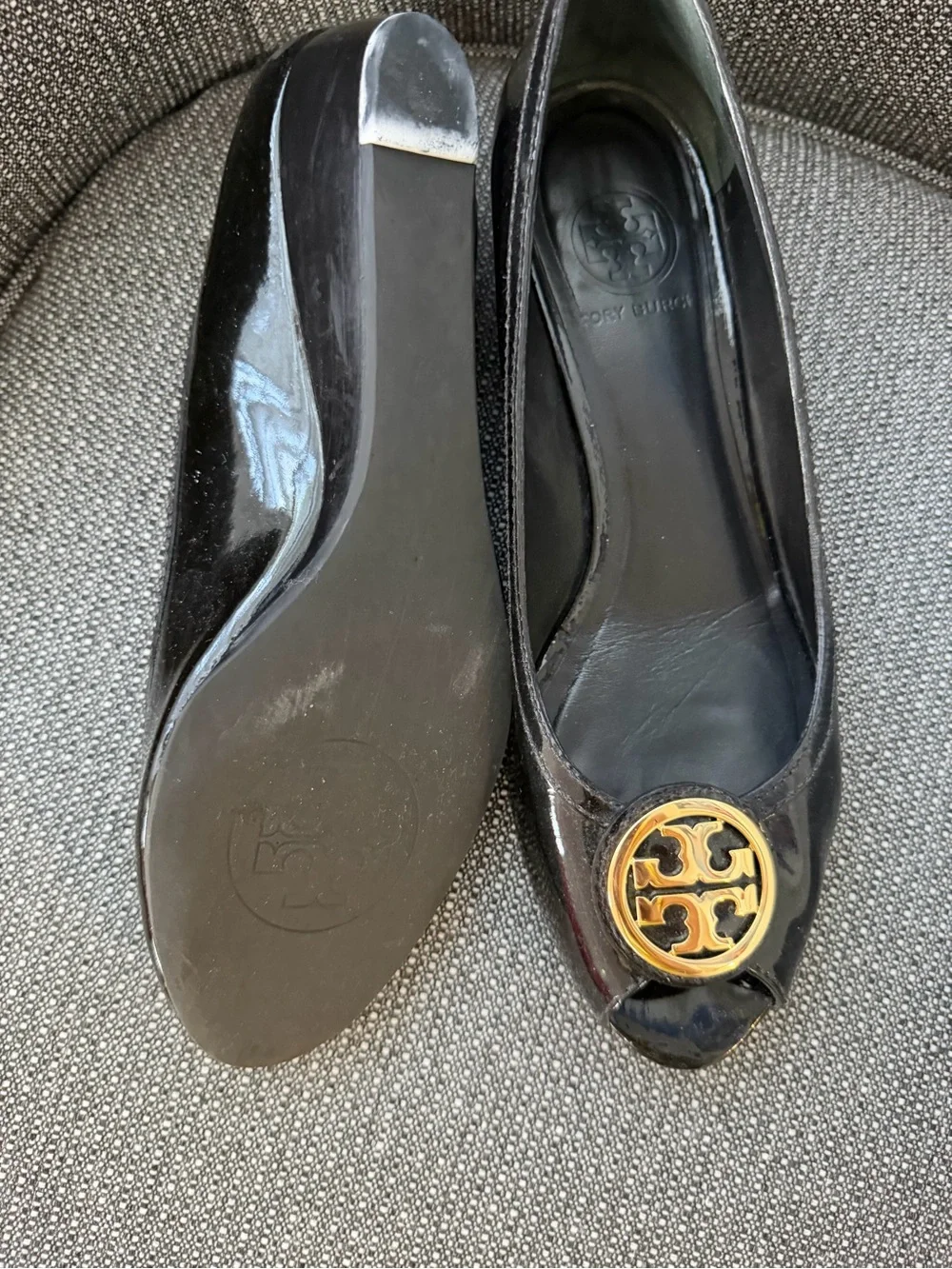 Tory Burch Black Patent Peep-Toe Flats with Gold Logo Medallion